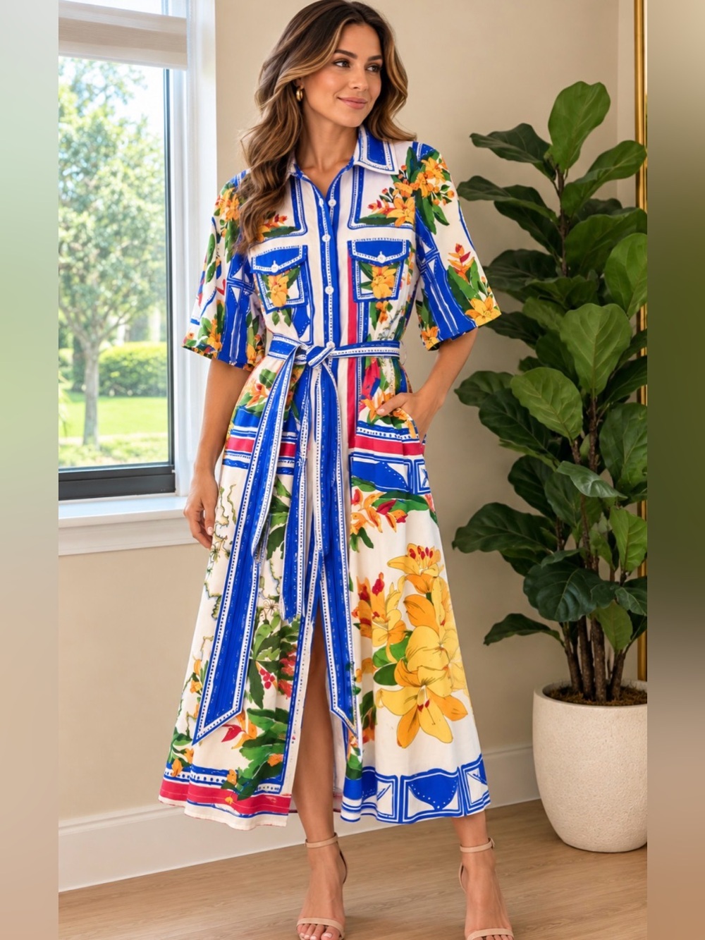 FARM Rio Tropical Floral Print Belted Maxi Shirt Dress – Size Small